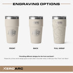 Engraving options for YETI 20oz stackable tumbler including front, back, and full wrap laser engraving