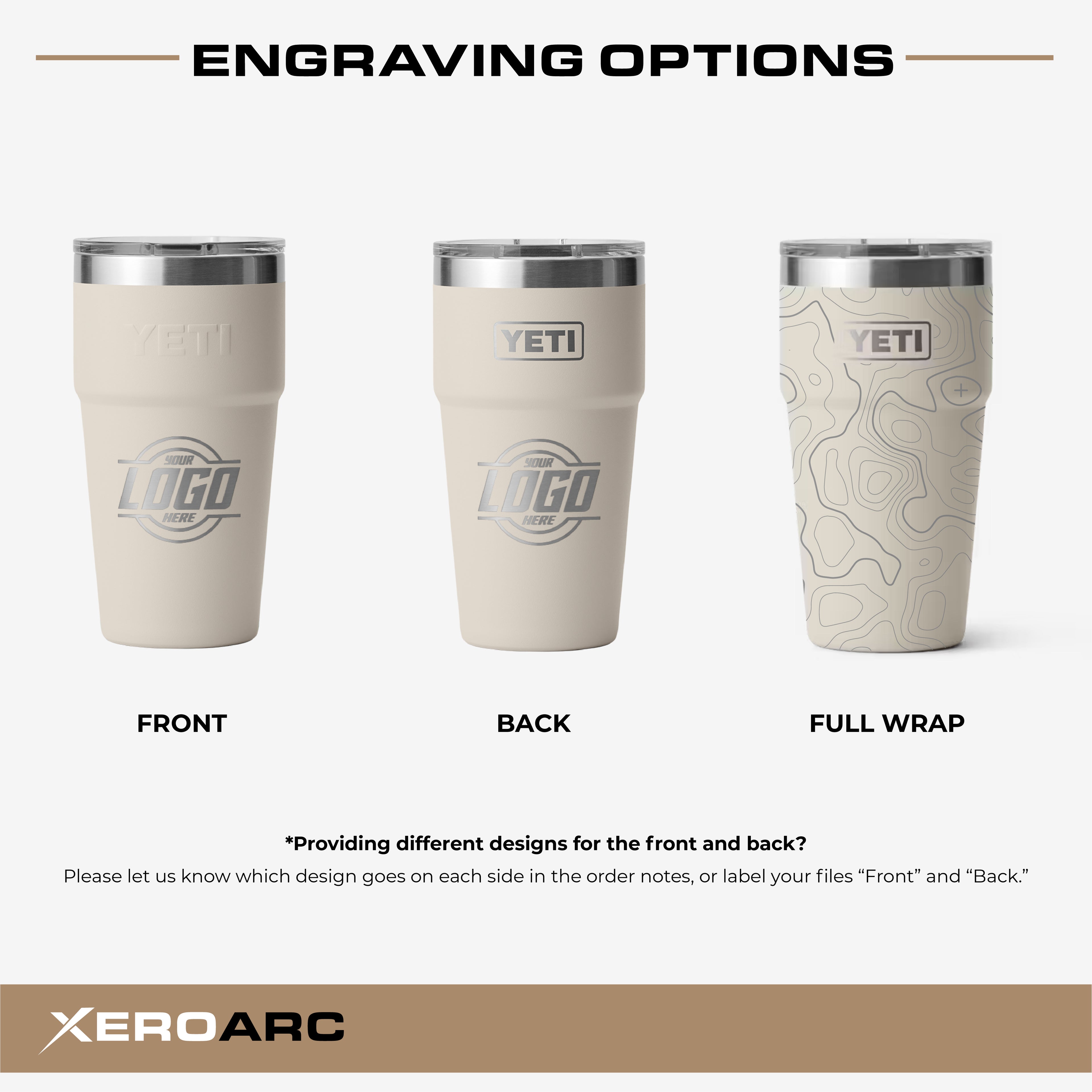Engraving options for YETI 20oz stackable tumbler including front, back, and full wrap laser engraving