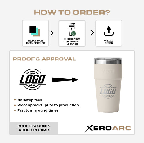 How to order custom engraved YETI tumblers showing steps to select tumbler color, choose engraving location, and upload design