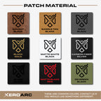 Custom hat patch material options including leatherette colors, matte finishes, carbon fiber, and specialty materials