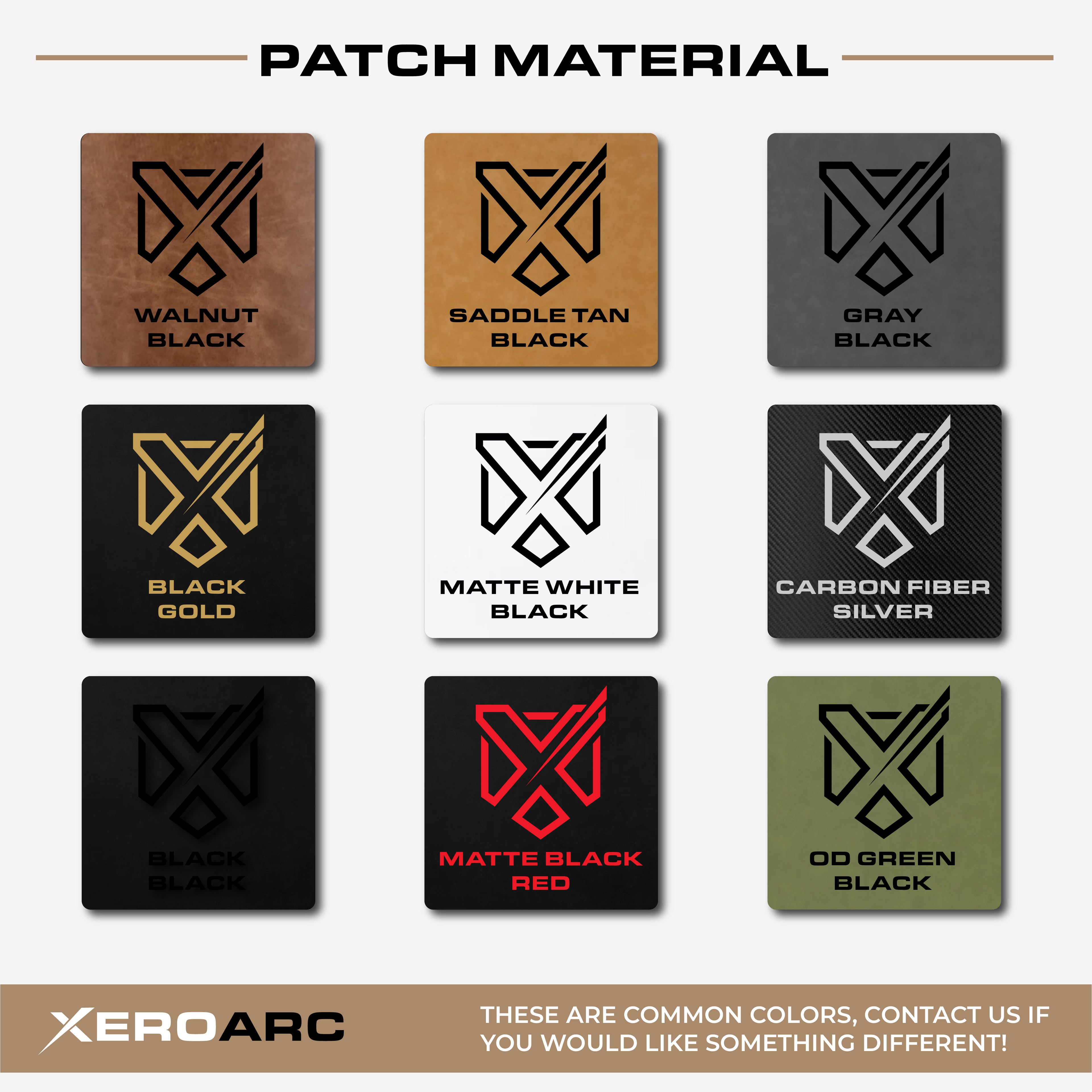 Custom hat patch material options including leatherette colors, matte finishes, carbon fiber, and specialty materials