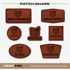 Hat patch shape options including rectangle, hexagon, circle, square, oval, crown, and die-cut shapes