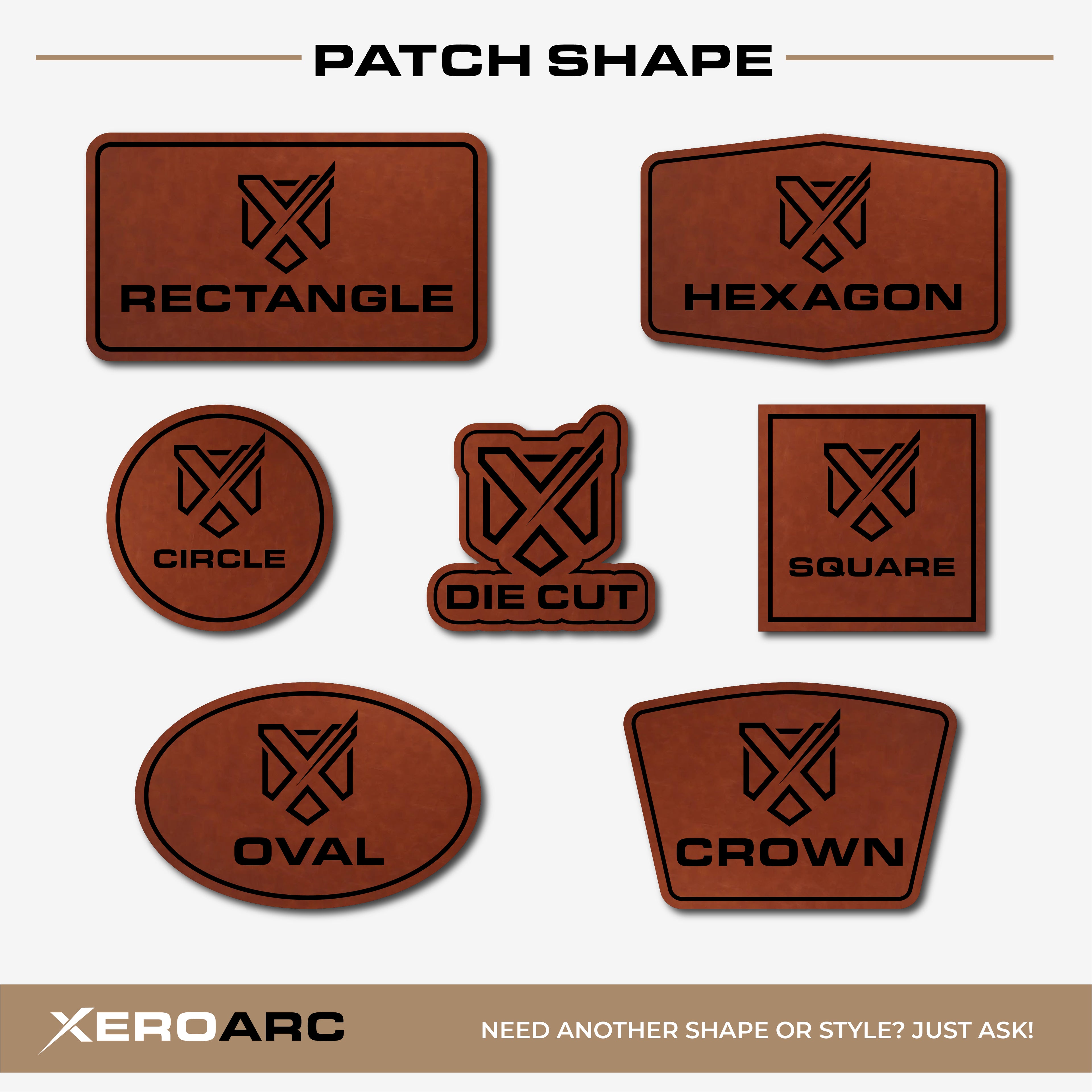 Hat patch shape options including rectangle, hexagon, circle, square, oval, crown, and die-cut shapes