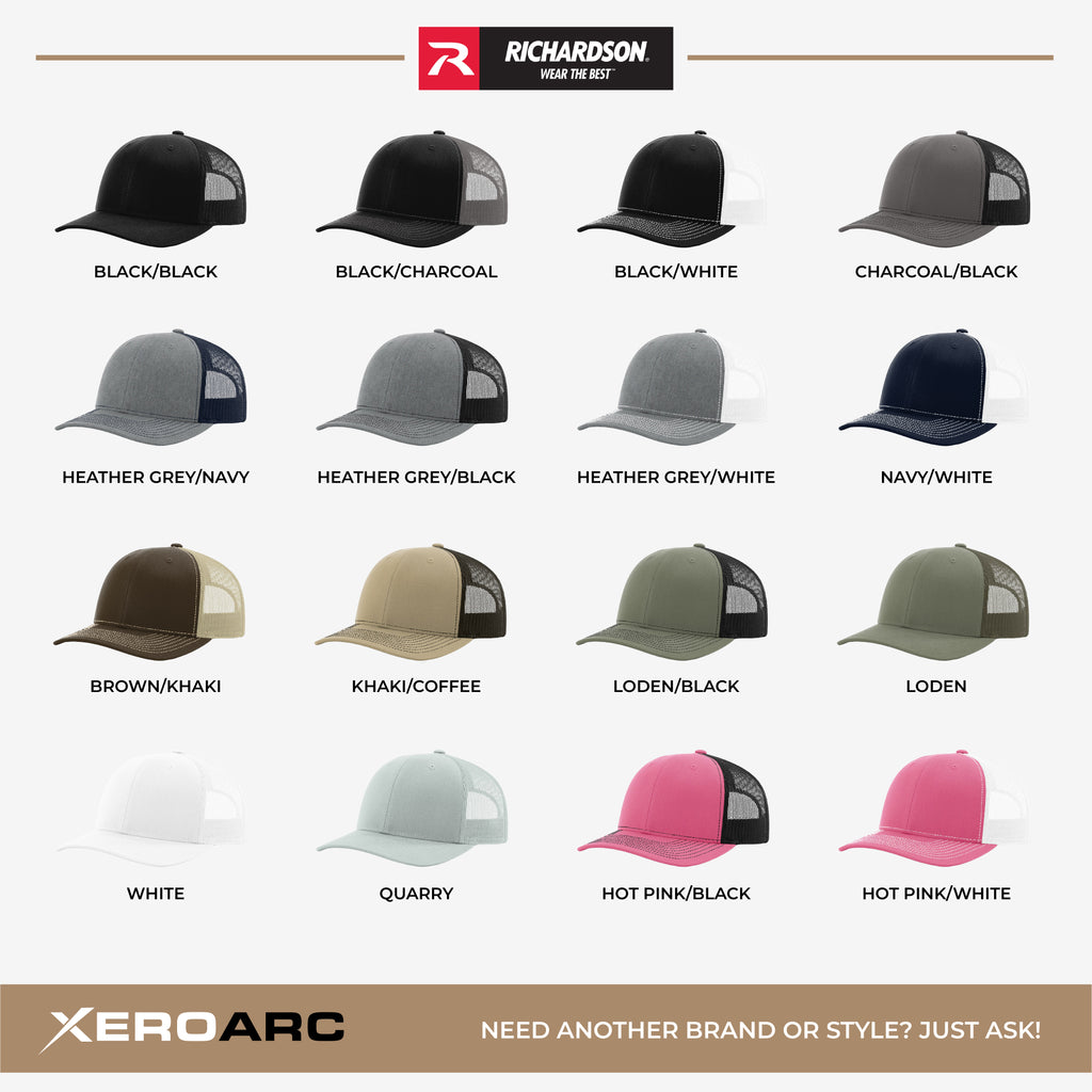 Available Richardson 112 trucker hat color options for custom leather patch hats