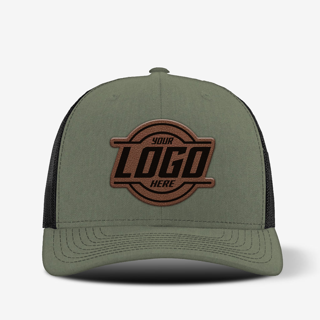Richardson 112 trucker hat with custom leather patch shown on front panel