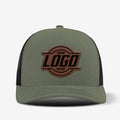 Richardson 112 trucker hat with custom leather patch shown on front panel