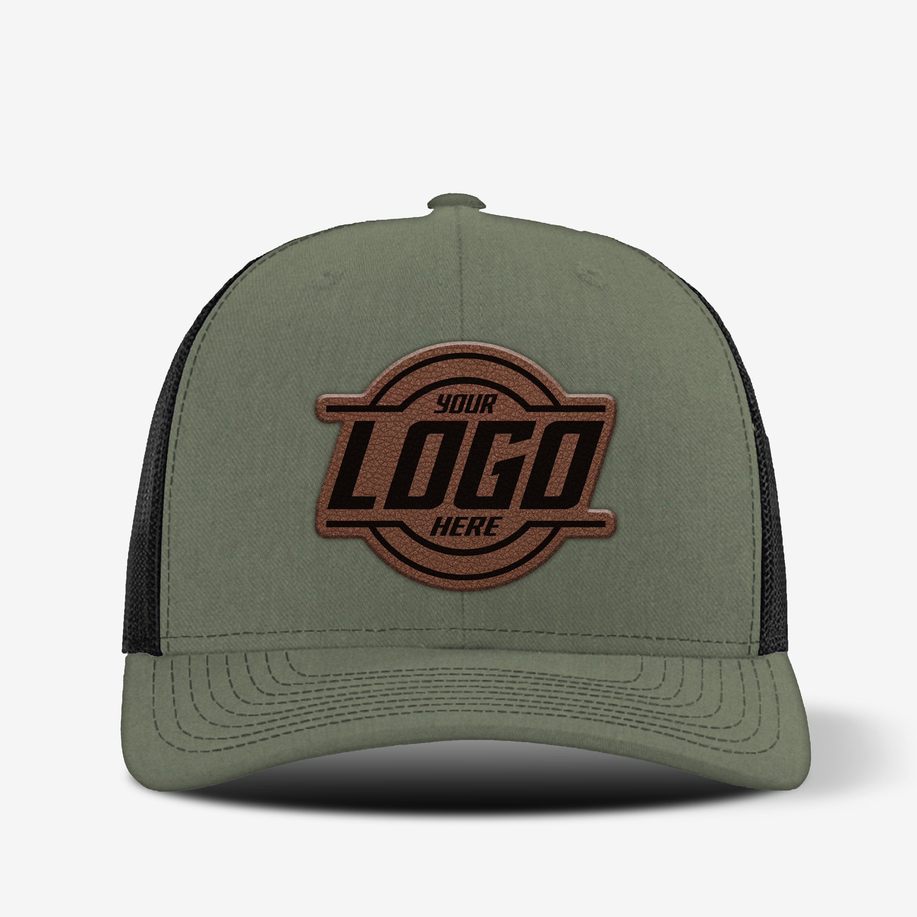 Richardson 112 trucker hat with custom leather patch shown on front panel