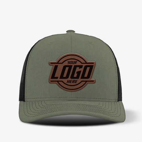 Richardson 112 trucker hat with custom leather patch shown on front panel