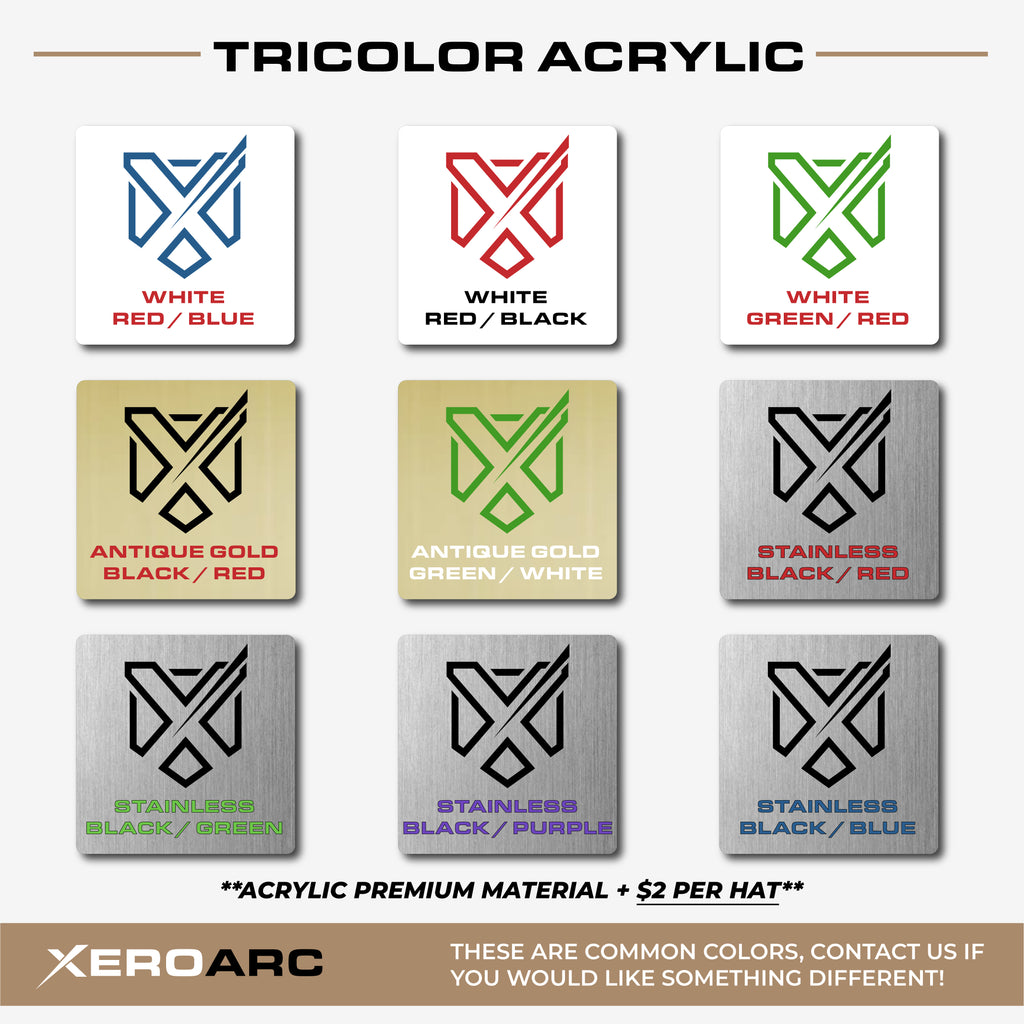 Tricolor acrylic patch options for custom hats showing multi-color engraved designs