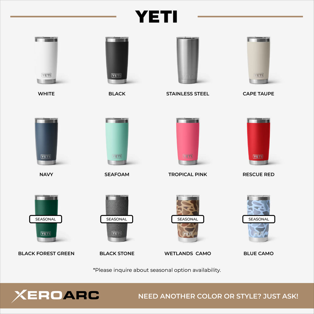 Available color options for YETI 20oz tumblers including standard and seasonal colors