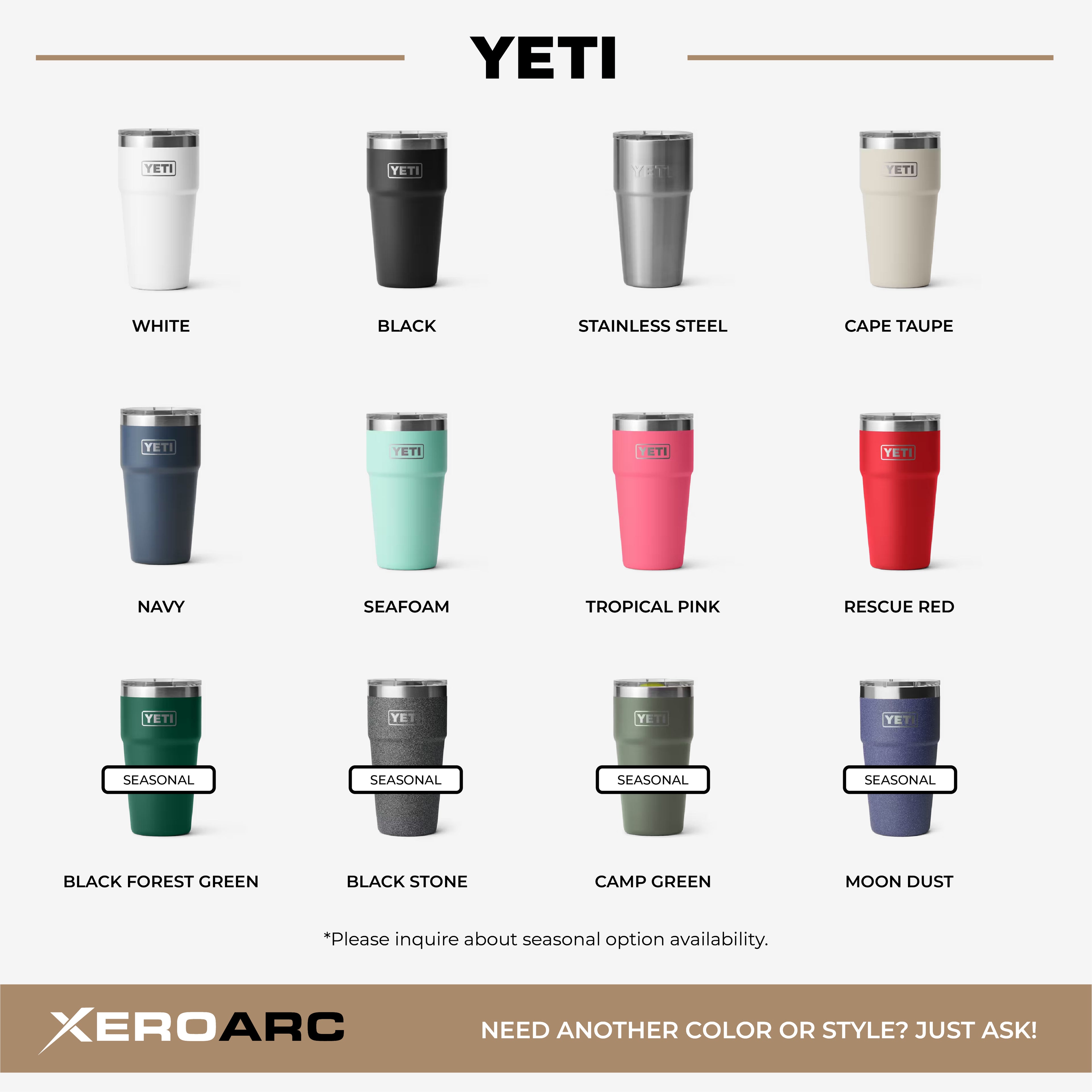 Available color options for YETI 20oz stackable tumblers including standard and seasonal colors