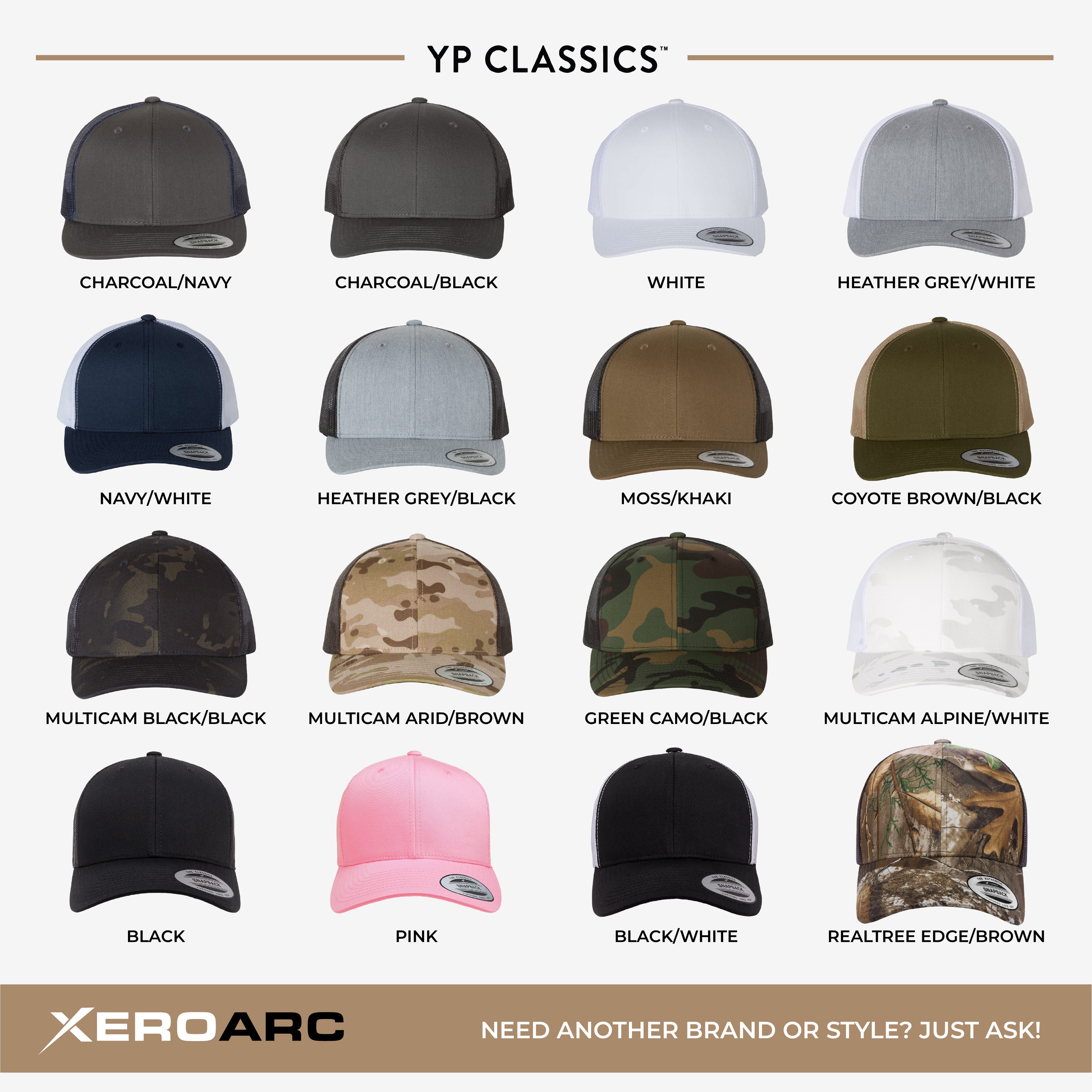 Available Yupoong 6606 retro trucker hat color options for custom patch hats